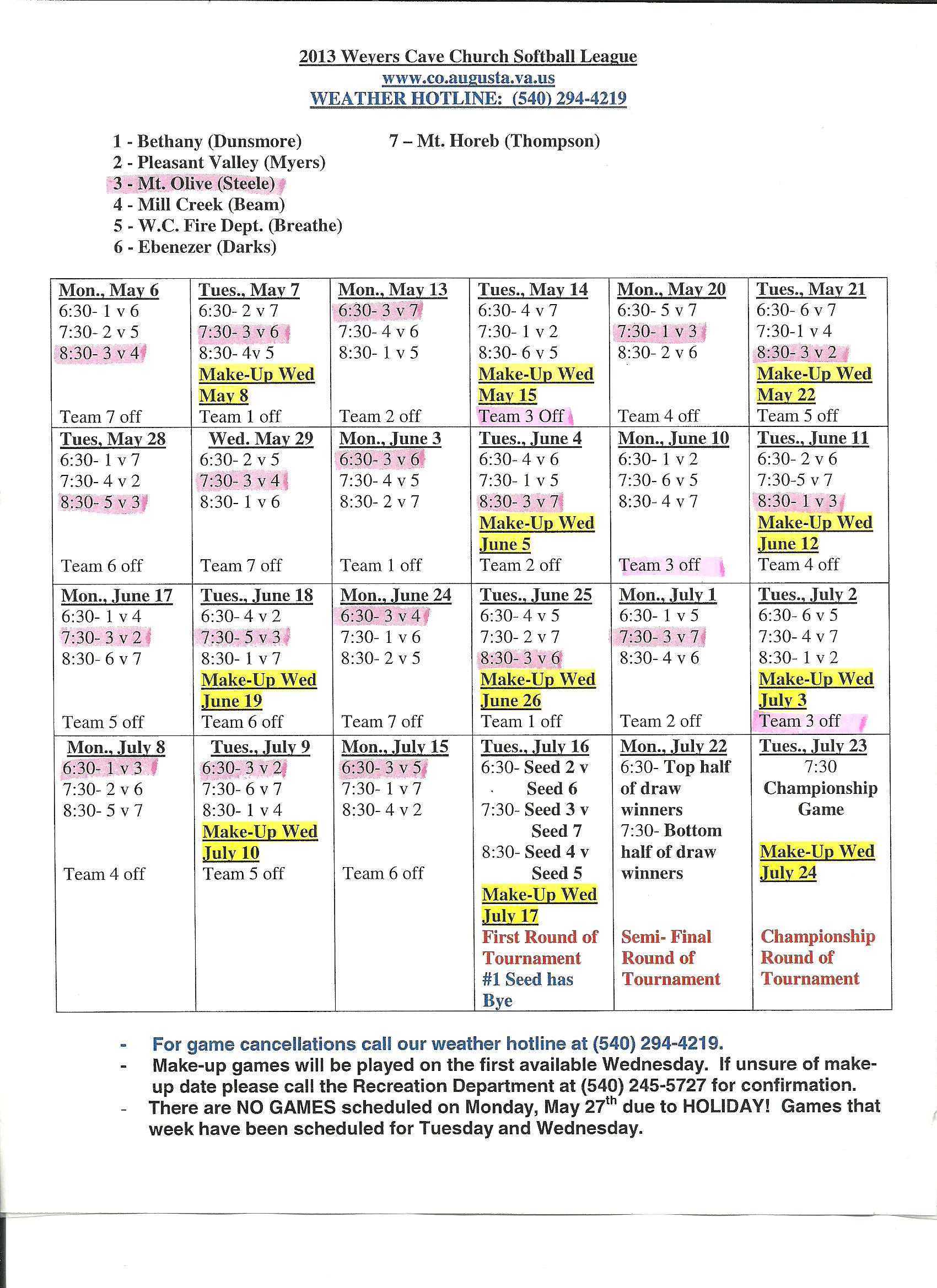 Softball Schedule | Mt. Olive Brethren Church